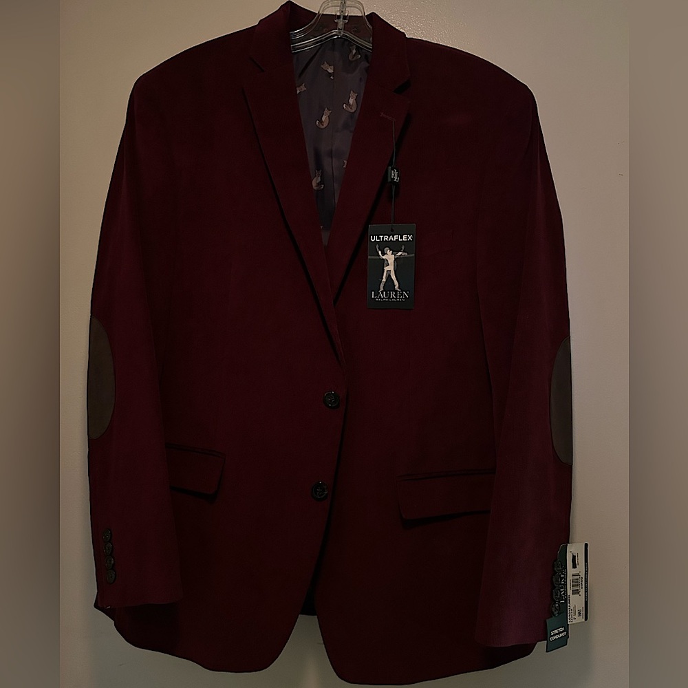Brand New - Polo Ralph Lauren Stretch Corduroy Blazer Crimson with brown patch